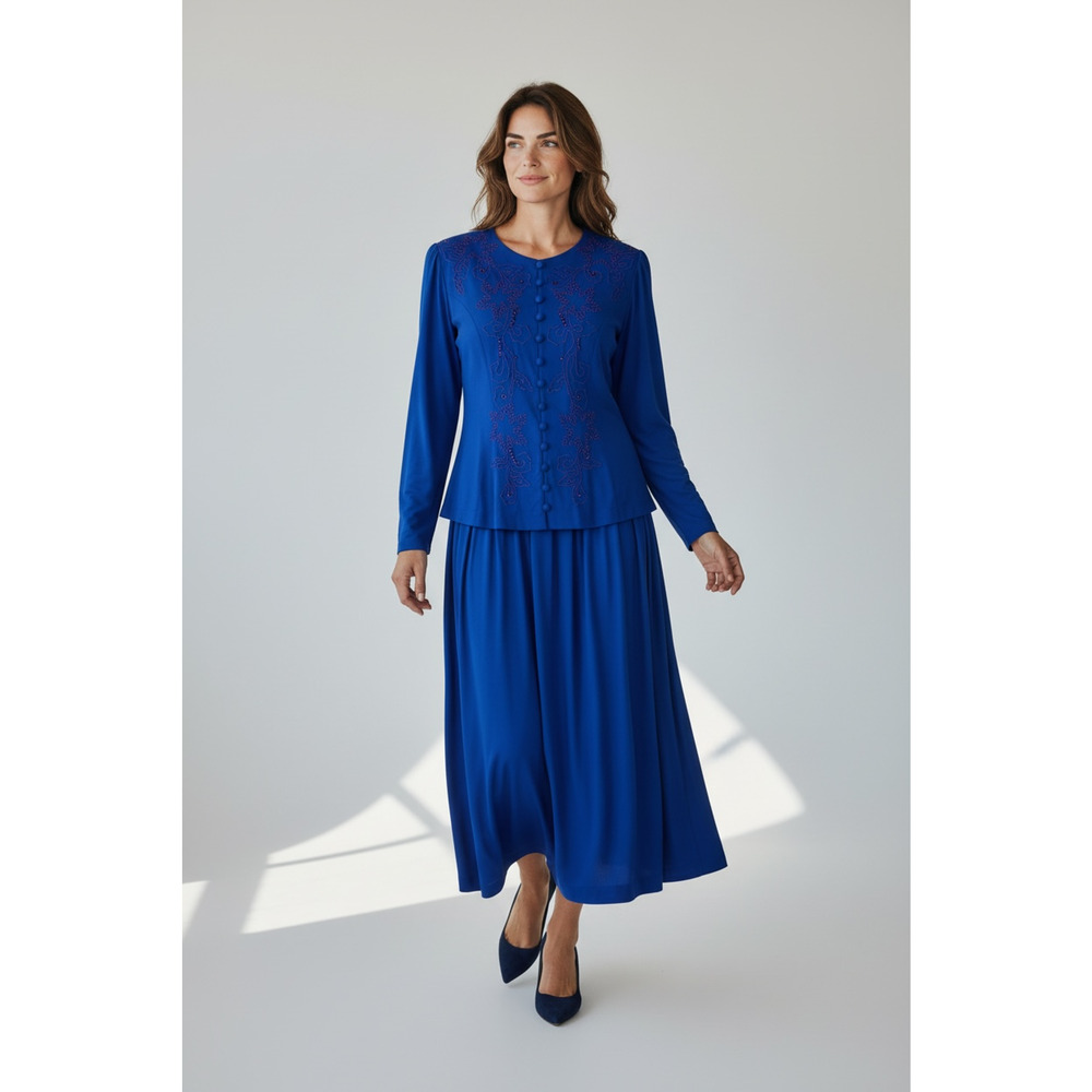 Vintage Blue Rayon Long Sleeve Embroided Beaded Midi Party Event Dress Size 8